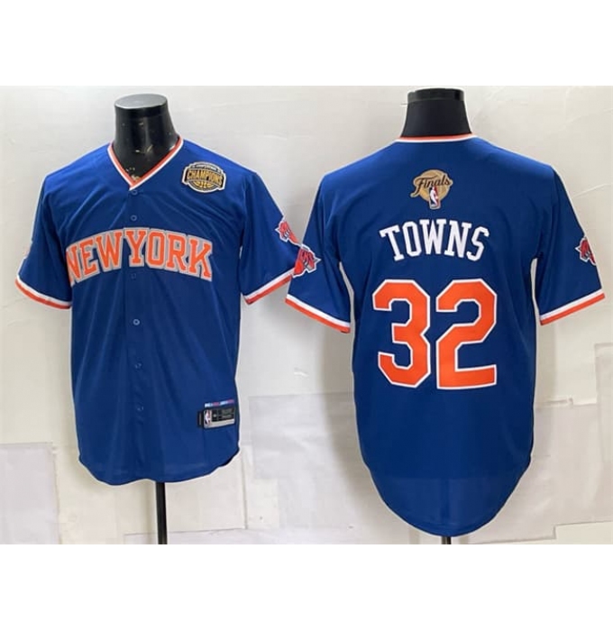 Men's New York Knicks #32 Karl-Anthony Towns Blue 2026 Finals & Eastern Conference Champions Stitched Baseball Jersey