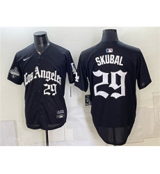 Men's Los Angeles Dodgers #29 Tarik Skubal Black LA Gothic Style 2025 World Series Champions Limited Stitched Baseball Jersey