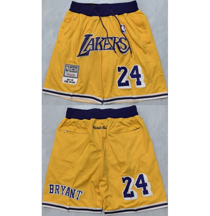 Men's Los Angeles Lakers #24 Kobe Bryant Yellow Shorts (Run Small)