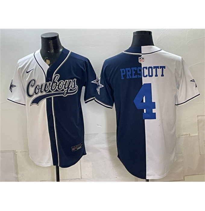 Men's Dallas Cowboys #4 Dak Prescott White Navy Split Stitched Jersey