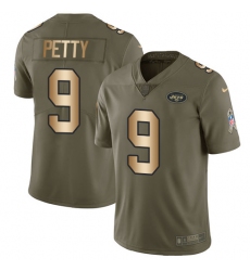 Men's Nike New York Jets #9 Bryce Petty Limited Olive/Gold 2017 Salute to Service NFL Jersey
