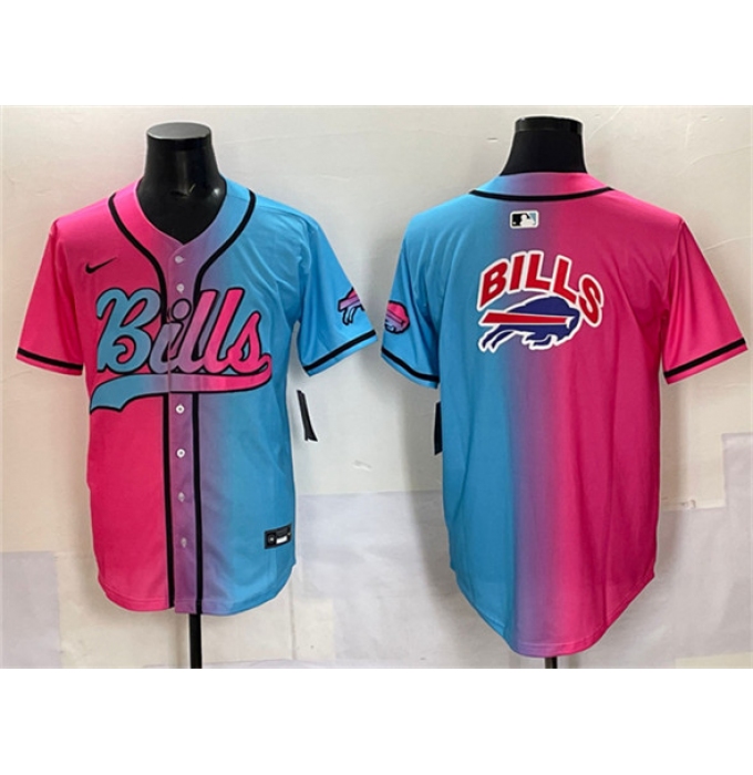 Men's Buffalo Bills Team Big Logo Pink Blue Limited Stitched Baseball Jersey